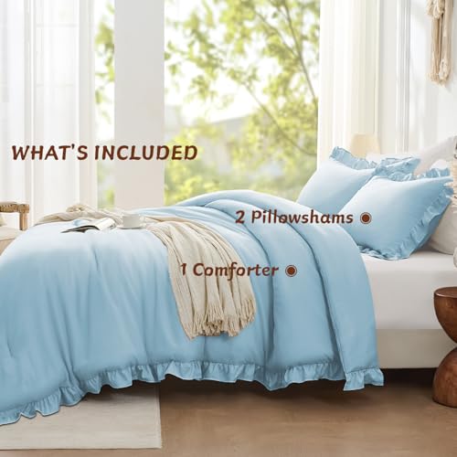 Image of FUANNA Full Size Comforter Sets Light Blue, 3 Pieces Ruffle Full Size Bedding Sets, Fluffy Bed in a Bag Full for All Seasons, Shabby Chic Full Bed Set with 1 Lightweight Comforter & 2 Pillowshams