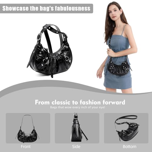 Slouchy Crossbody Bag for Women, Trendy Hobo Shoulder Purse with Adjustable Shoulder Strap, Punk Studded Underarm Bag, Y2k Purse (BLACK)4