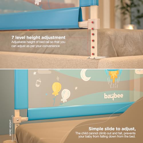 Image of BAYBEE Baby Bed Rails Guard (150x63 cm), Bed Rail for Baby Kids Safety, Portable Bed Rail Falling Protector Fence with Adjustable Height, Foldable Bed Rails for Newborn, Pack of 2, (Blue)