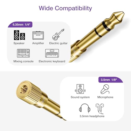Image of Gold Plated 3.5mm Female to 6.5mm Male Headphone Audio Stereo Adapter Plug Converter Jack for Electric Guitar, Amplifier, Piano, Keyboard, etc (Pack of 2)