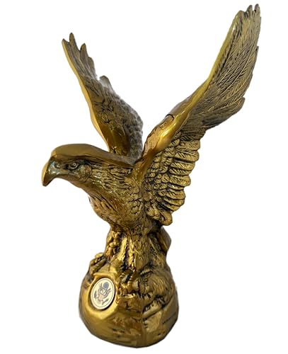 Hand-Cast Metal American Bald Eagle Statue – Real Zinc Sculpture in Bronze-Gold Patina, 9" High with Great Seal of the United States Emblem – Exquisite Patriotic Art Piece - Made in USA