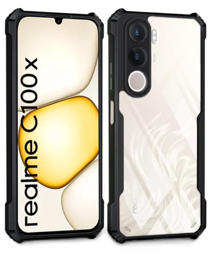 Image of WOW IMAGINE Shock Proof Clear Back Case Mobile Cover for Realme C100x (Hard | Hybrid PC + TPU | Full Armour Device & Camera Protection | Black)