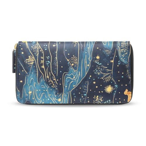 Womens Long Leather Wallet Zip Around Clutch Purse Large Capacity Card Holder Organizer Blue Starry Golden Retrievers