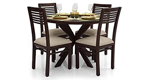 Solid Wood 4 Seater Dining Table | Sheesham Wood Four Seater Dining Set with Cushion Chairs | Wooden Furniture Round Dinner Table | Walnut Finish