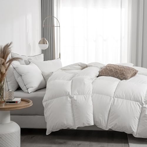 APSMILE Organic Full Size Feathers Down Comforter - All Seasons 100% Cotton Quilted Duvet Insert, Medium Warm Bed Comforter with Corner Tabs (82x86 Inch, Ivory White)
