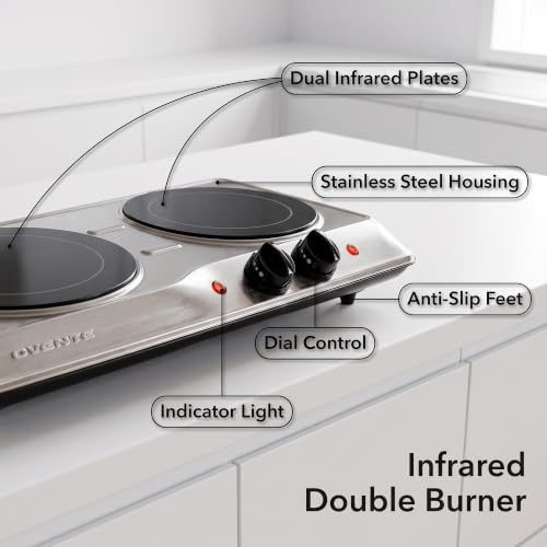 Image of Ovente Countertop Burner, Infrared Ceramic Glass Double Plate Cooktop, Indoor and Outdoor Portable Stove, 1700 Watts (BGI102)