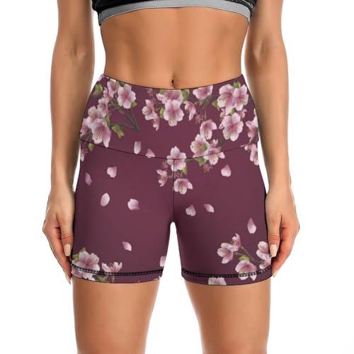 Cherry Blossoms Flower Pattern High Waist Yoga Shorts for Women Athletic Shorts Leggings Running Pants