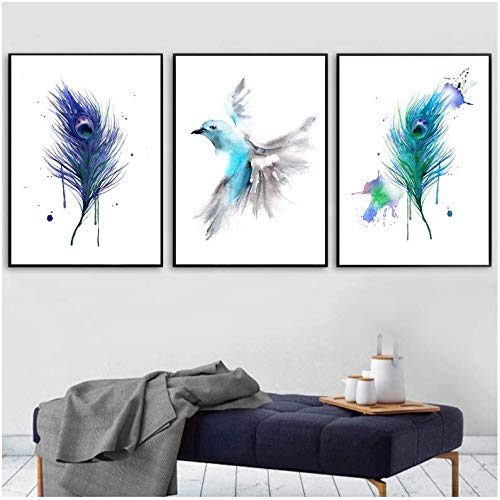 Peinture oiseau abstraite plume decoration salon moderne piece de vie 50x70cm