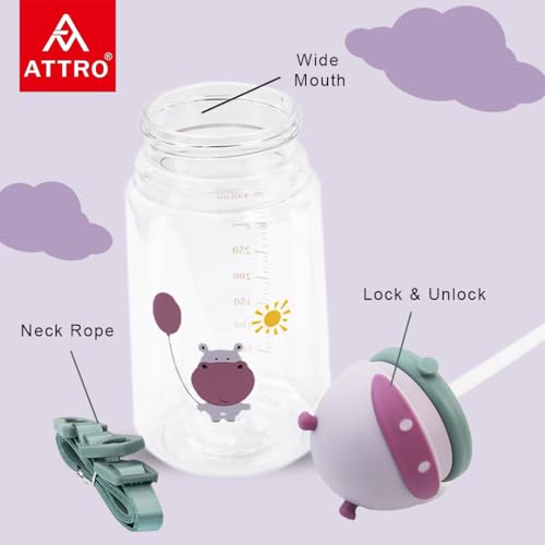Attro Doddle Kid 450ml Water Bottle with Flip top Lid, Straw & Detachable Nylon Strap BPA Free, Leak Proof Ideal for Kids - Violet - Image 2 thumbnail