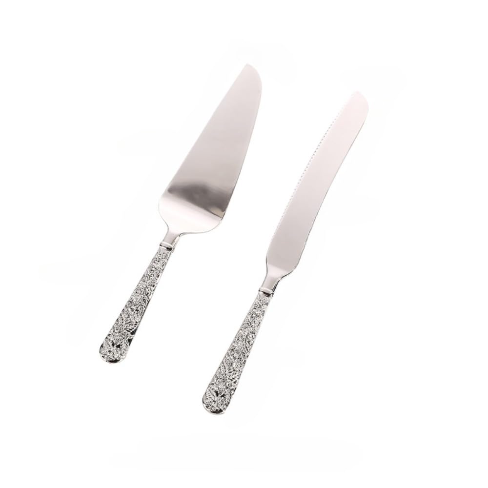 2-piece Light Luxury Classical Style Exquisite Carved Cake Blade Server Set Bread and Pizza Cutting Tool Scraper Household Tableware (Silver)