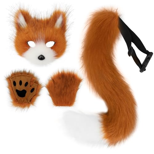 Adolala Faux Fur Fox Tail Cat Wolf Set Plush Mask Fluffy Paw Gloves Halloween Christmas Party for Women