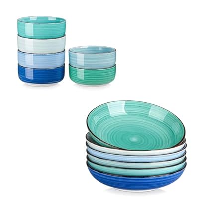 vancasso Bonita 24 OZ Cereal Bowls Set of 6 and 50 OZ Pasta Bowls Set of 6, Stoneware Serving Bowls Dishwasher & Microwave Safe, Blue Bowl Set