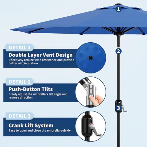 Garvee 9ft Patio Umbrella with Crank Lift & Push Button Tilt, Table Umbrella Outdoor Patio 8 Sturdy Ribs for Yard, Deck, Pool, Azure