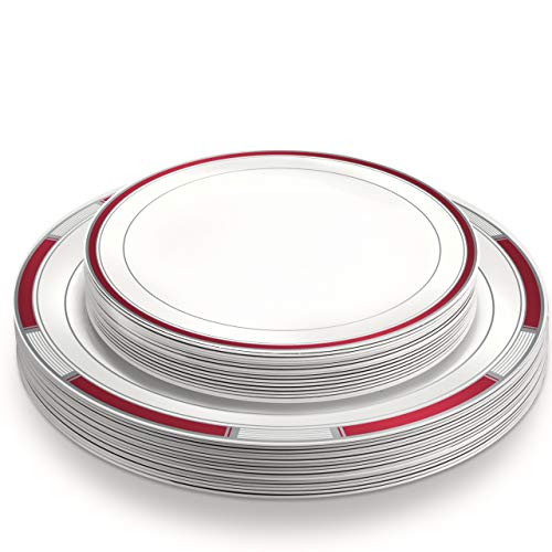 Laura Stein Designer Dinnerware Set | 64 Disposable Plastic Party Plates | Plates With Burgandy Rim & Silver Accents | Includes 32 X 10.75" Dinner Plates + 32 X 7.5” Salad Plates | Venetian #TOP5