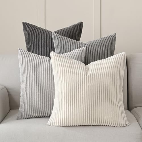 Volcanics Set of 4 Neutral Grey Corduroy Decorative Couch Throw P...