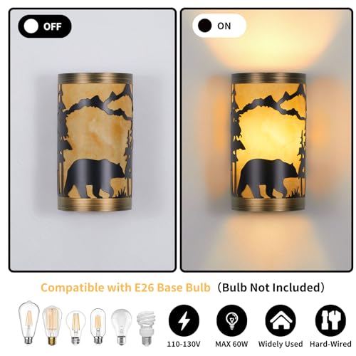 Image of Rustic Wall Sconces Bear Metal Lamp, Industrial Farmhouse Wall Light with Shade, E26 Socket, Black with Gold Trim, Perfect for Bedroom, Living Room, or Rustic Cabin Lighting (Bulb not Included)
