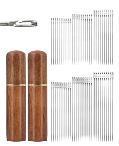 Geyynow 60PCS Self Threading Sewing Needles 6 Sizes of Professional Embroidery Thread Needl Easy Side Threading Hand Sewing Needles with Wooden Needle Case