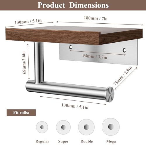 Image of Tindbea Toilet Paper Holder with Wood Shelf, Wooden Wall Mount Tissue Paper Roll Holder, Brushed Nickel Stainless Steel Bathroom Accessories Decor Household Home Apartment Restroom Essentials (Walnut)