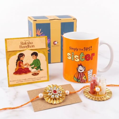 Clay Craft "Simply The Best Sister Printed Raksha bandhan Mug & Rakhi Gift Set Combo for Brother/Sister - (1 pc Mug + 1 Designer Hand-Made Rakhi + 1 G