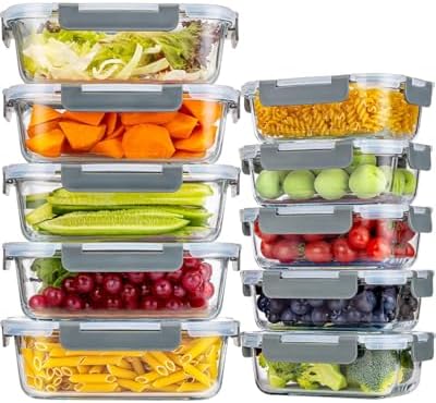 KUMD 20er Set (10-Pack) Glas Vorratsdosen - 5x 1040ml & 5x 370ml Borosilikatglas für Mikrowelle & Meal Prep, Ofenfest, Auslaufsicher