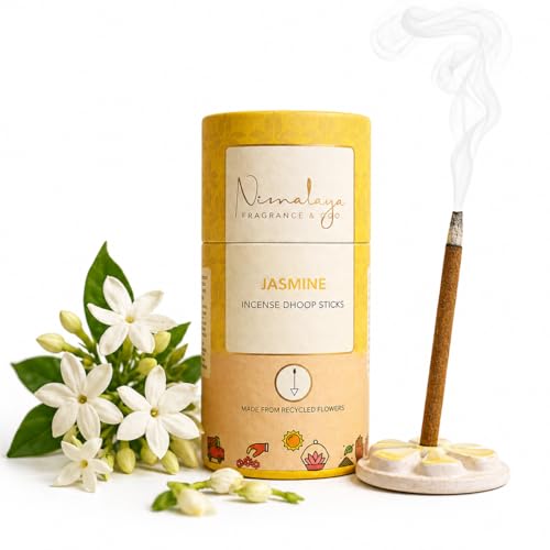 Image of Nirmalaya Premium Jasmine Bambooless Dhoop Sticks (40 Sticks) with Ceramic Stand Sacred Temple Flower | 100% Charcoal-Free | for Pooja, Meditation, Yoga & Home Fragrance
