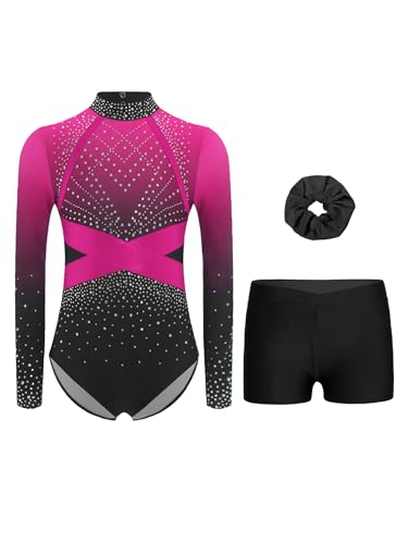 RUNQHUI Fille 3 Pièces Ensemble Gymnastique Justaucorps Manches Longues avec Short et Bandeau des Cheveux Tenue Strass Compétition Spectacle A Rose vif 11-12 ans