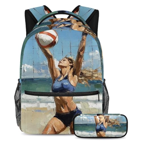 Cartable de volleyball pour enfants et sa trousse peinte à la main ensemble scolaire grand format
