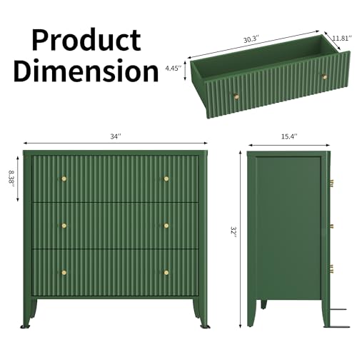Image of Fatmok Fluted 3 Drawer Dresser for Bedroom, 34 inch Wide Chest of Drawers, Modern Wood Nightstand End Table with Metal Handles, Striped Storage Cabinet for Living Room, Hallway, Entryway, Green