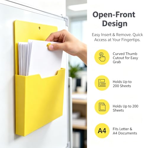 Magnetic File Holder for Refrigerator - Open Front Wall Organizer with Thumb Cutout, Holds 200 Sheets A4/Letter, Locker & Cabinet Pocket, Free Up Desk Space, Home Office Classroom Storage (4 Colors) - Image 3