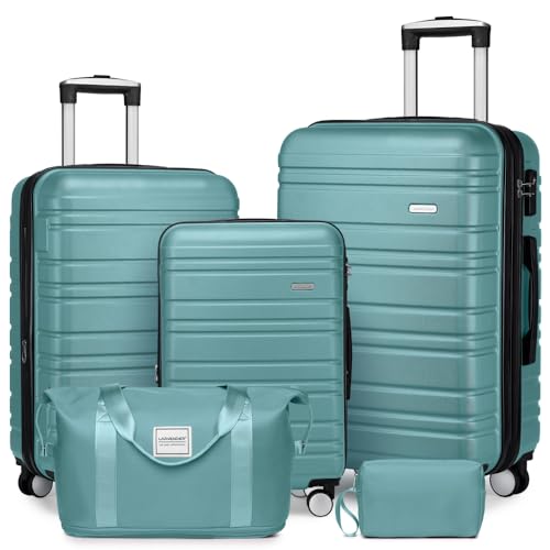 Luggage Sets 5 Piece with Duffel Bags,Hardside Expandable Suitcases with Spinner Wheels, Black (Dusty Blue + ABS)