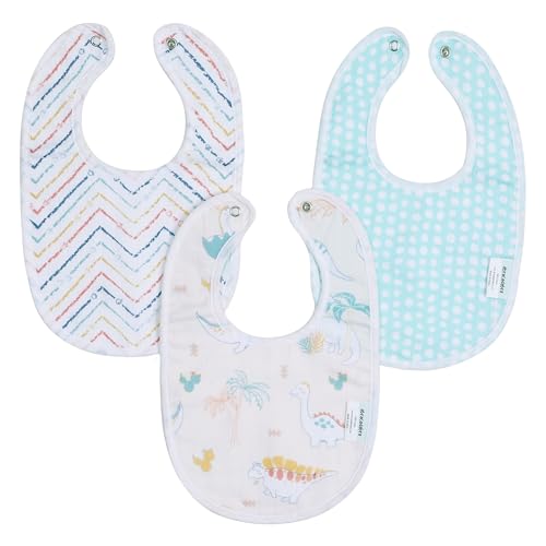 Image of abracadabra Muslin Bibs with Adjustable Snap Button Closure, Super Absorbent, Soft, Comfortable & Lightweight, Set of 3 - Dino
