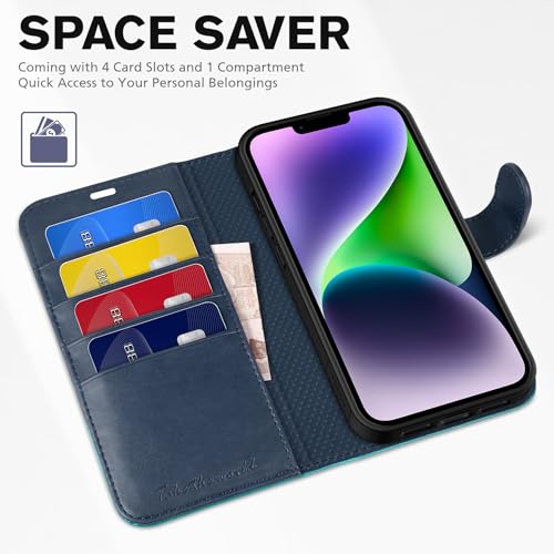 Etui pour iPhone 14 TUCCH en cuir bleu avec blocage RFID - 7