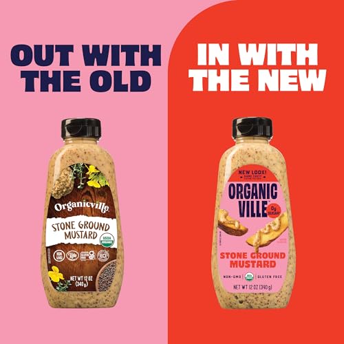 Image of Organicville Stone Ground Mustard - Organic Mustard, 0g Added Sugar, Mustard Stone Ground Organic, Vegan, Gluten Free, USDA Organic, Non-GMO, Whole 30, Paleo, Keto-Friendly - 12 Oz