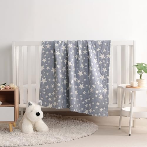 NTBAY 3 Layer Baby Muslin Cotton Toddler Blanket, 76x102 cm Jacquard Reversible Nursery Bed Blanket, Super Soft and Thermal Cot Bed Blanket for All Seasons, Baby Gift, 76x102 cm, Blue White Star