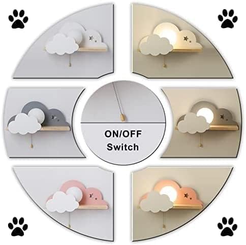Modern Cartoon Cloud Wall Light with Pull Cord Switch for Kids' Room, E27 Socket, Glass Lampshade, Wooden Shelf, Pink Indoor Wall Sconce, Perfect for Bedroom Decor.