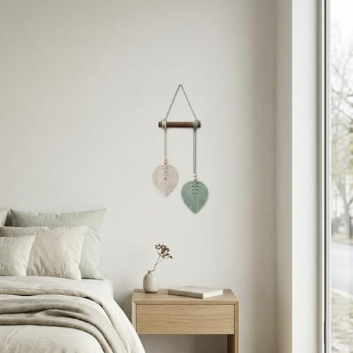 Image of AdFashionble Boho Macrame Wall Hanging Leaf Decor for Home, Living Room & Bedroom | Cotton Thread Art with Wooden Rod | Minimalist Handmade Wall Decoration | Aesthetic Nordic Wall Art for Home, Office & Gift Purpose Lenght- 58 cm Width- 15 cm (MINTGREEN & OFFWHITE)