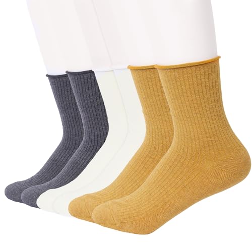 Image of Feeto Women's Roll Top Socks - Fashionable Cotton Crew Socks, Multi-Colors Mix, Made in Korea - 6 Pairs