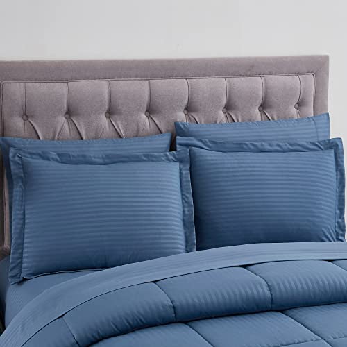 Image of Sweet Home Collection 8 Piece Comforter Set Bag with Dobby Stripe Design, Bed Sheets, 2 Pillowcases, 2 Shams Down Alternative All Season Warmth, King, Denim