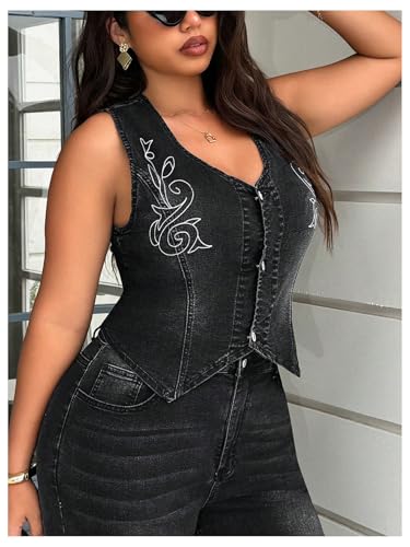 Floerns Women's Plus Size Embroidery Denim Vest Sleeveless Button Down Jean Waistcoat2