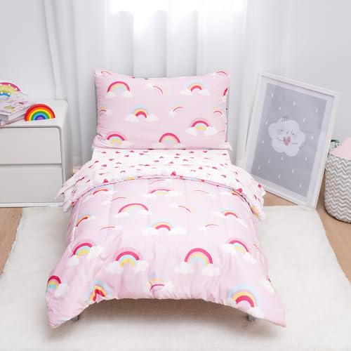 Image of david's kids 4 Piece Toddler Bedding Set - Soft Breathable Toddler Bedding Set for Girls, Includes Quilted Comforter, Flat Sheet, Fitted Sheet and Pillowcase, Rainbow