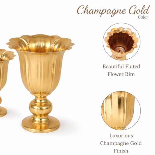 Image of Gold Metal Flower Vase for Table Decor Set of 2 | Tulip Fluted Urn Design | Electroplated Alloy Decorative Vase for Living Room, Home Decor (Champagne Gold Finish)
