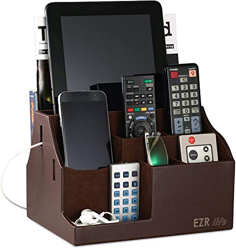 EZR life All-In-1 Remote Control Holder, Caddy, Organizer, Also Holds Phones, Tablets, Books, Glasses (8 Compartments, Up To 14 Remotes) - Brown Leather