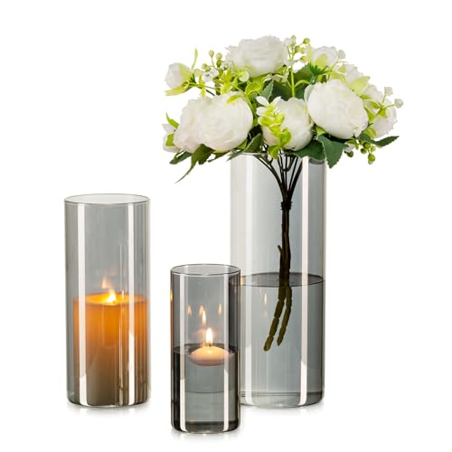 Inweder Glass Cylinder Flower Vases: Grey Large Vase for Table Centrepieces Modern Vases for Flowers Decorative Hurricane Candle Holder for Wedding Party Living Room Decoration