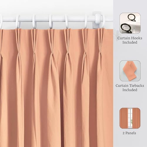 Image of Triple Pinch Pleated Blackout Curtains Thermal Insulated Room Darkening Curtains for Bedroom /Livingroom Pack of 2 Panels, Tiebacks, Hooks (Peach)