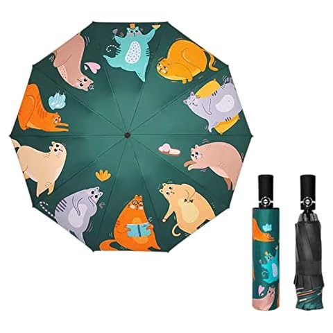 SUYGGCK Umbrellas Windproof Folding Umbrella Cartoon Black Coating Cat Sun Umbrellas Rain Women Original Reverse Automatic Parasol Anti-Uv-Green A Cover
