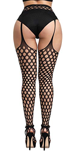 Confonze Women's High Waist Fishnet Tights Suspenders Pantyhose Thigh High Stockings Black