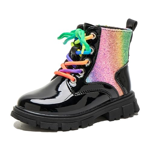 Girls Lace-Up Colorful Shiny Ankle Boots Fashion Non-Slip Cute Combat Boots For Toddler/Little Kid/Big Kid