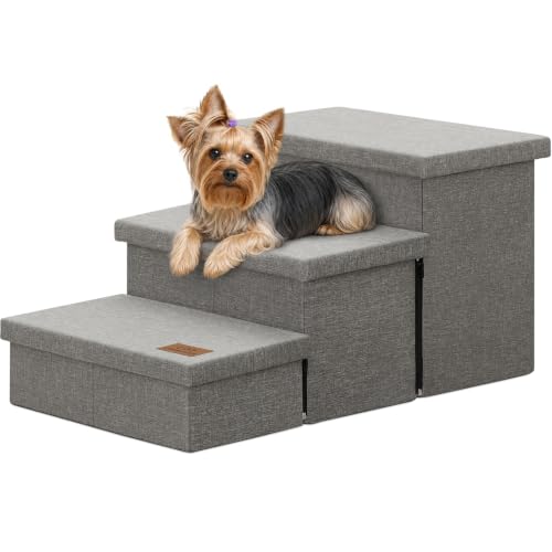Image of Zerbuger Dog Stairs with Storage, Small Grey 3 Steps Dog Ramp no Condo | 18 inch H Wider Dog Steps for High Beds Couch, Folding Storage Pet Stairs Gift for Climbing Small /Medium /Large Old Dogs Cats