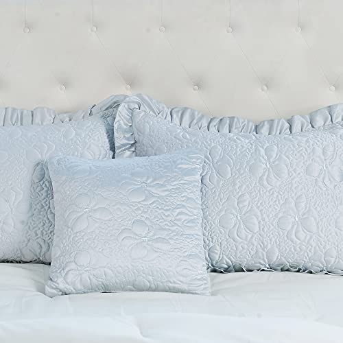 Home Soft Things 4 Piece Matte Satin Ruffle Quilted Bedspread Set 24" Drop Ruffled Style Bed Skirt Coverlets Lightweight Reversible Bedding Set Cover, King 78" X 80" + 24", Light Blue #TOP4