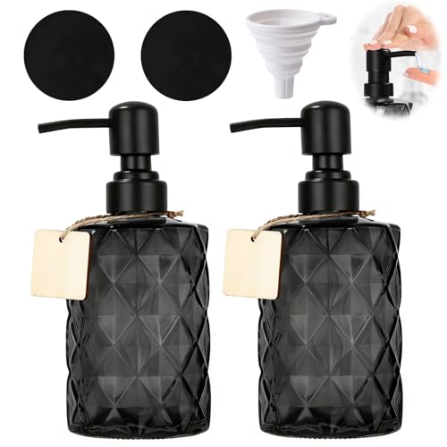 Lot de 2 Distributeur de Savon en Verre Noir, 330ml Distributeur Savon Liquide, Design Diamant, avec Pompe en Acier Inoxydable, Entonnoir en Silicone,...